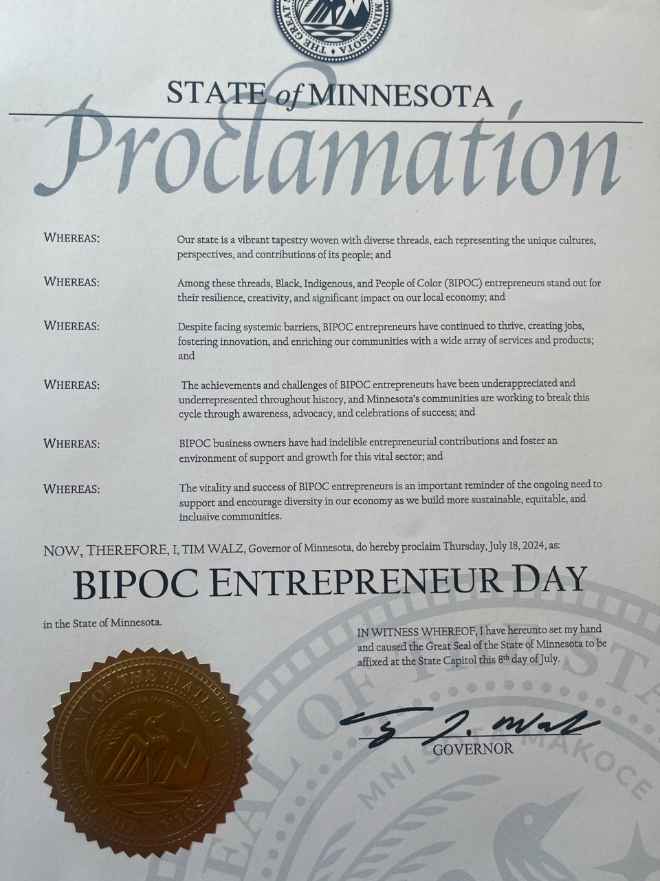 The State of Minnesota proclamation of BIPOC Entrepreneur Day, July 18, 2024, with the state seal